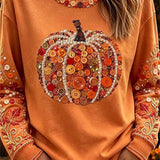 Willow | Halloween-Inspired Orange Button Pumpkin Leaf Print Round Neck Top