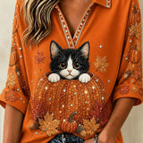 Victoria | Halloween-Inspired Orange Cat Pumpkin Print Collared Three-Quarter Sleeve Top