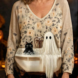 Alicia | Halloween-Inspired Beige Ghost Cat Bathtub Print V Neck Long Sleeve Top