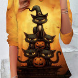 Henrietta | Halloween-Inspired Yellow Cat Pumpkin Print Round Neck Three-Quarter Sleeve Top