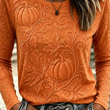 Elizabeth | Halloween-Inspired Orange Pumpkin Leaf Embossed Round Neck Long Sleeve Top