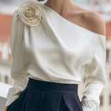 Luxury Satin One-Shoulder Top With 3D Floral Applique
