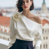 Luxury Satin One-Shoulder Top With 3D Floral Applique