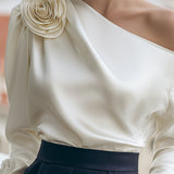 Luxury Satin One-Shoulder Top With 3D Floral Applique