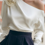 Luxury Satin One-Shoulder Top With 3D Floral Applique