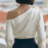 Luxury Satin One-Shoulder Top With 3D Floral Applique