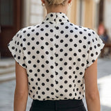 Satin Polka Dot Bow Tie Neck Short Sleeve Blouse