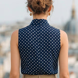 Chic Navy Blue Polka Dot Sleeveless Blouse With Bow Tie Neck