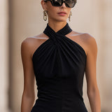 Sleek Halter Neck Twist Front Sleeveless Top With Keyhole Cutout