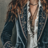 Retro Floral Embroidered Velvet Blazer with Cuffs