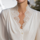 Lace-Trimmed V-Neck Chiffon Button-Up Blouse