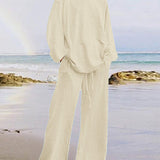 Solid Color Loose Long Sleeve Round Neck Shirt Top + Drawstring Pants Two-Piece Set