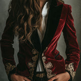 Luxurious Velvet Blazer with Elegant Black Collar and Gold Embroidery