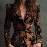 Black and Bronze Velvet Floral Print Blazer