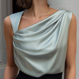 Elegant Sleeveless Satin Draped Neck Blouse