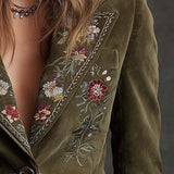Embroidered Floral Olive Green Velvet Blazer
