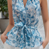 Sleeveless Printed Chiffon Tie-Waist Blouse