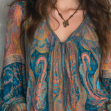 Clara | Bohemian Teal & Amber Paisley Chiffon Blouse With Ruffled Cuffs