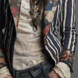 Bohemian Striped Blazer with Floral Print in Cotton and Linen
