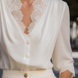 Lace-Trimmed V-Neck Chiffon Button-Up Blouse