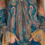 Clara | Bohemian Teal & Amber Paisley Chiffon Blouse With Ruffled Cuffs
