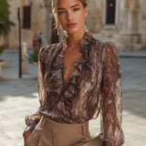 Ruffled V-Neck Printed Long Sleeve Blouse