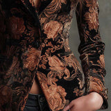 Black and Bronze Velvet Floral Print Blazer