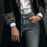 Classic Black Velvet Blazer with Baroque Printed Lapel - Timeless Vintage Luxury