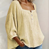 Arianne | Women's Square Neck Blouse 3/4 Puff Sleeve Button Top