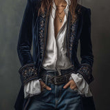 Embroidered Long Jacket in Vintage Navy Polyester Velvet
