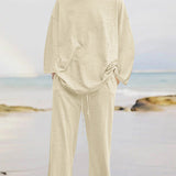 Solid Color Loose Long Sleeve Round Neck Shirt Top + Drawstring Pants Two-Piece Set
