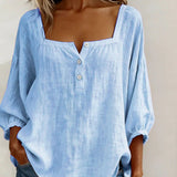 Arianne | Women's Square Neck Blouse 3/4 Puff Sleeve Button Top