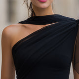 One-Shoulder Chiffon-Panel Draped Top Blouse