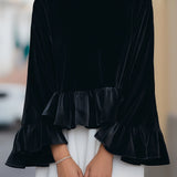 Round Neck Velvet Ruffle-Trim Blouse