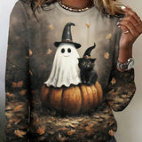 Autumn | Halloween-Inspired Cute Ghost Print Round Neck Long Sleeve T-shirt