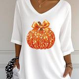 Camila | Halloween Sequined Pumpkin Print V-Neck Three-Quarter Sleeve Casual Loose Blouse