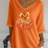 Camila | Halloween Sequined Pumpkin Print V-Neck Three-Quarter Sleeve Casual Loose Blouse