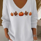 Lydia | Halloween Autumn Maple Leaf and Pumpkin Print Long Sleeve V-Neck Casual Sweatshirt