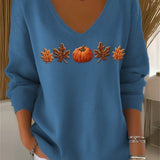 Lydia | Halloween Autumn Maple Leaf and Pumpkin Print Long Sleeve V-Neck Casual Sweatshirt