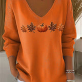 Lydia | Halloween Autumn Maple Leaf and Pumpkin Print Long Sleeve V-Neck Casual Sweatshirt