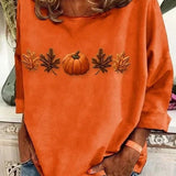 Claire | Halloween-Inspired Pumpkin Maple Leaf Print Round Neck Long Sleeve Tops