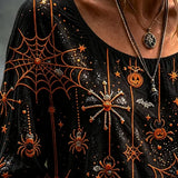 Josephine | Halloween-Inspired Spider Web Pumpkin Print Round Neck Long Sleeve Blouse