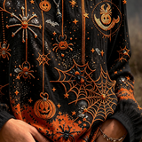 Josephine | Halloween-Inspired Spider Web Pumpkin Print Round Neck Long Sleeve Blouse