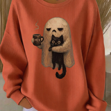 Savannah | Halloween-Inspired Ghost Hug Black Cat Coffee Print Ribbed Round Neck Sweatshirt