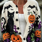 Daniela | Halloween-Inspired Black Cat Pumpkin Bat Pattern Button Front Knit Jacket