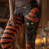 Angela | Halloween-Inspired Black Witch Cat Striped High Waist Long Leggings
