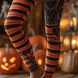 Angela | Halloween-Inspired Black Witch Cat Striped High Waist Long Leggings