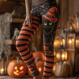 Angela | Halloween-Inspired Black Witch Cat Striped High Waist Long Leggings