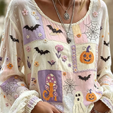 Deborah | Halloween-Inspired Blouse Round Neck Long Sleeve Print Top