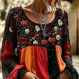 Lucia | Halloween Floral Casual Blouse Round Neck Long Sleeve Print Top